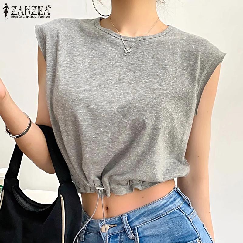 

ZANZEA Женская повседневная футболка без рукавов с круглым вырезом и шнурком