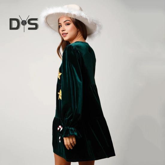 Women Christmas Dress Festive Star Print Patchwork Sequin A-line Pleated V Neck Long Sleeves Ruffles Velvet Party New Year Mini Dress