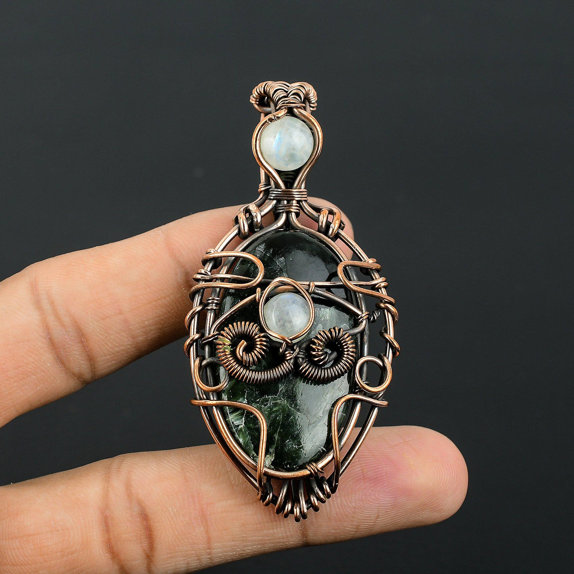 

Seraphinite & Rainbow Moonstone Pendant, 999 Copper Wire Wrapped Gemstone Jewelry, Handmade Pendant, For Thanksgiving 2.55 Inches