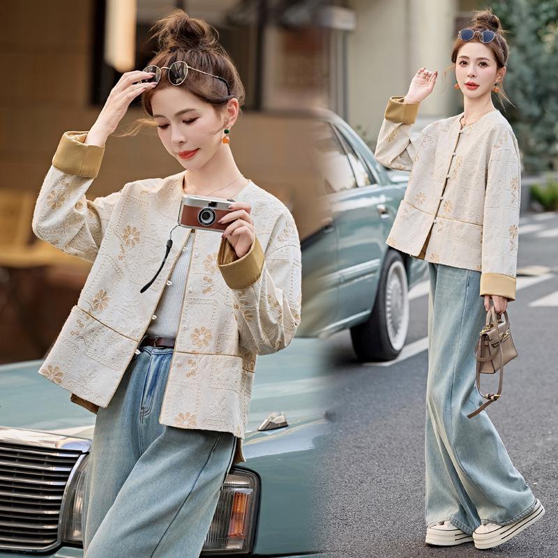 

Женская ретро куртка свободного кроя с вышивкой на весну/осень 2025 года - в китайском национальном стиле M (110-120 jin)