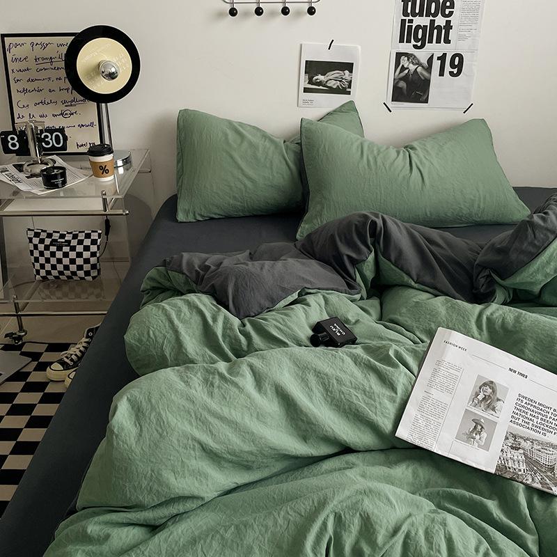 Bed Sheet Quilt Cover Nude Sleeping Pure Cotton Four-piece Set Washed Cotton Soft Bed Sheet Quilt Cover Solid Color Bedding