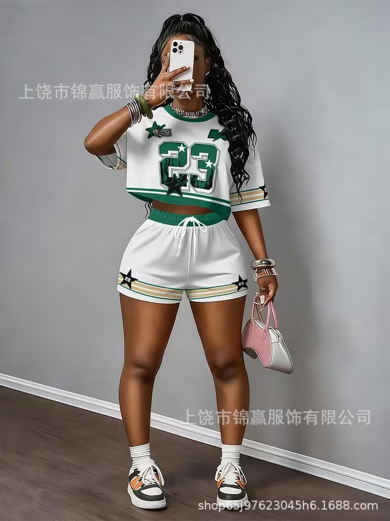 European and American street style number star print short T-shirt, elastic waist shorts, lazy two-piece outfit