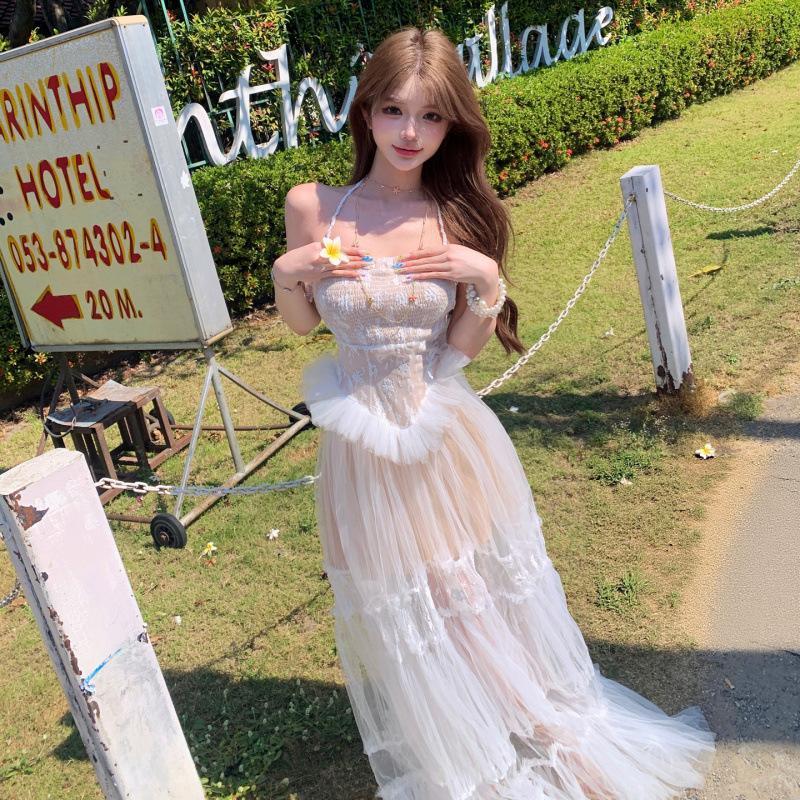 Premium Water Gloss Yarn Lace Jacquard Splicing Long Neck Gauze Skirt Temperament Dress Vacation Fairy Skirt