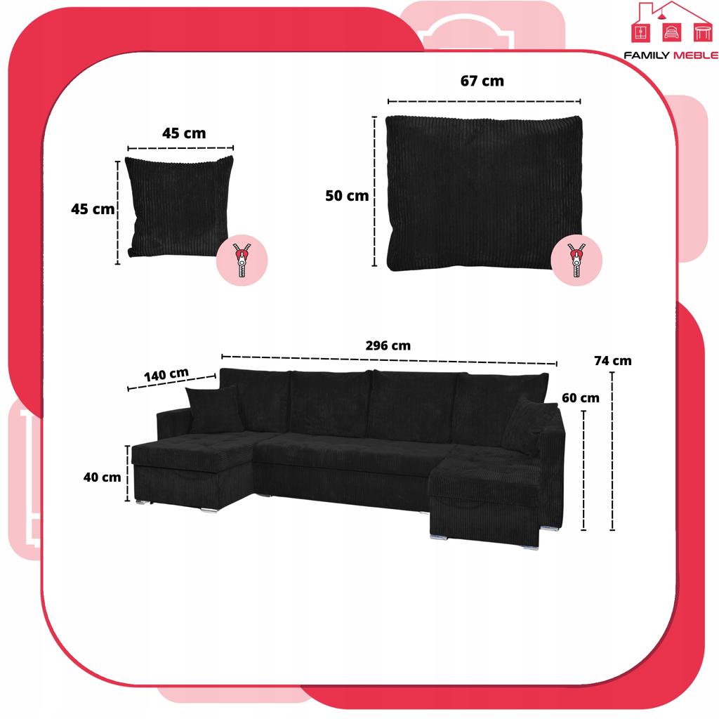 Bonito BIG Corner Sofa Bed Family Meble Corduroy Black