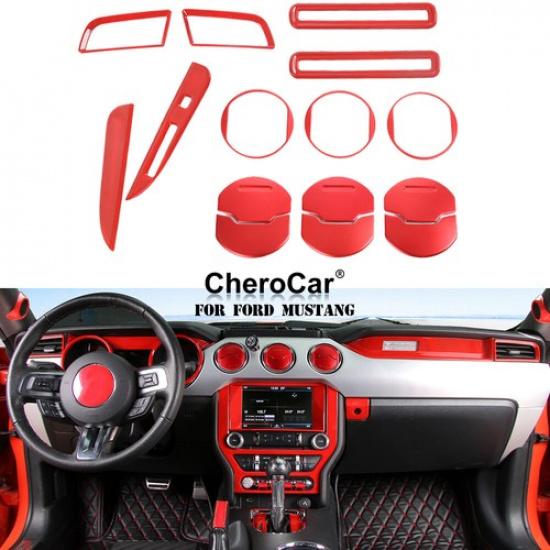 15 Stück Rote Voll-Innenraum Mittelkonsolen Dekor Abdeckung Zierleiste für Ford Mustang 2015+