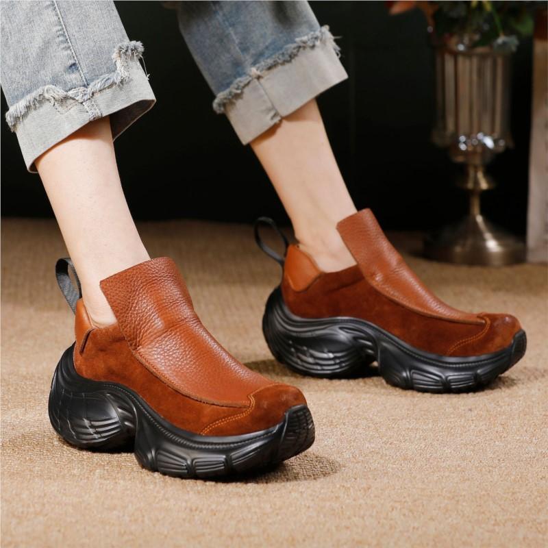 Johnature Women's Slip-on Shoes Versatile Genuine Leather Thick Soled Lightweight Retro Chunky Sneakers