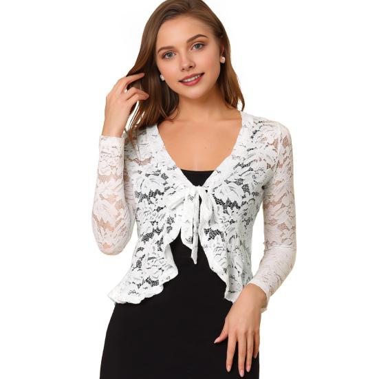 Lace Bolero for Women Tie Front Ruffle Hem Cardigan Long Sleeve Cover Up Jacket Formal Office Sheer Crop Shrug