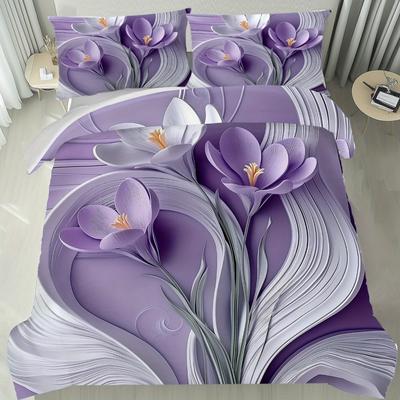 3-teiliges Bettwäsche-Set Lila Blumen 3D-Druck Gemütlich Weich Bettbezug King Queen Twin Größe Geburtstagsgeschenk für Erwachsene Heim Schlafzimmer Dekor