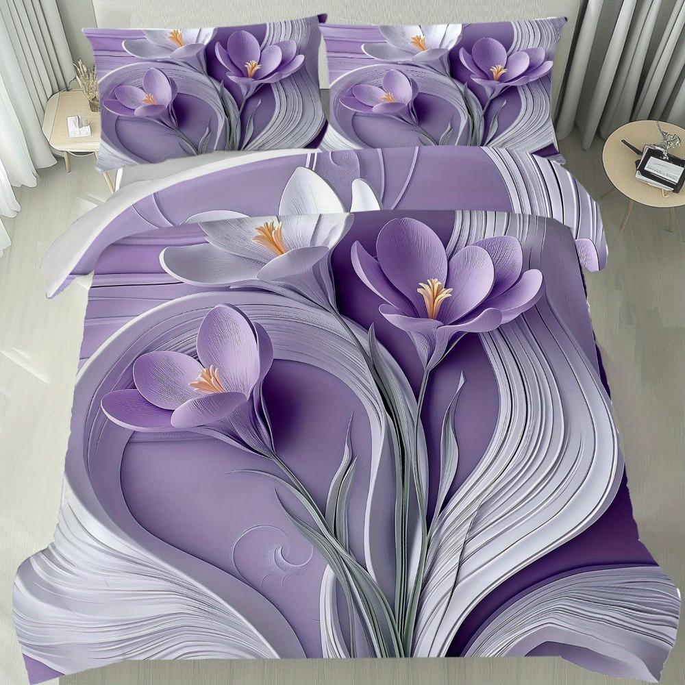 

3pcs Bedding Set Purple Flowers 3D Printed Cozy Soft Duvet Cover King Queen Twin Size Birthday Gift for Adult Home Bedroom Decor EU Single 135x200cm