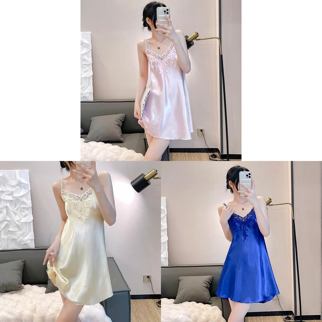Summer Womens Satin Sleep Dress With Lace Trim Sleeveless Lounge Wear For Home Relaxation