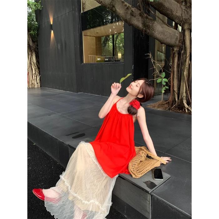 

Red Off-the-Shoulder Halterneck Chiffon Top + Wide-Leg Skirt Two-Piece Set Extra Large