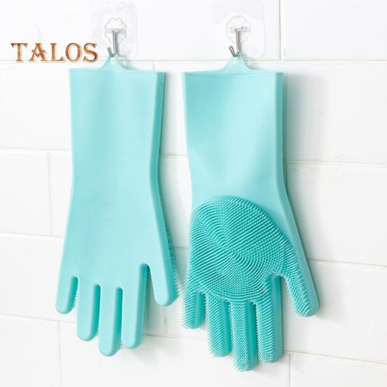 1 Pair Cleaning Gloves Anti-Scalding Reusable Silicone Dishwashing Gloves with Fine Bristles for Home