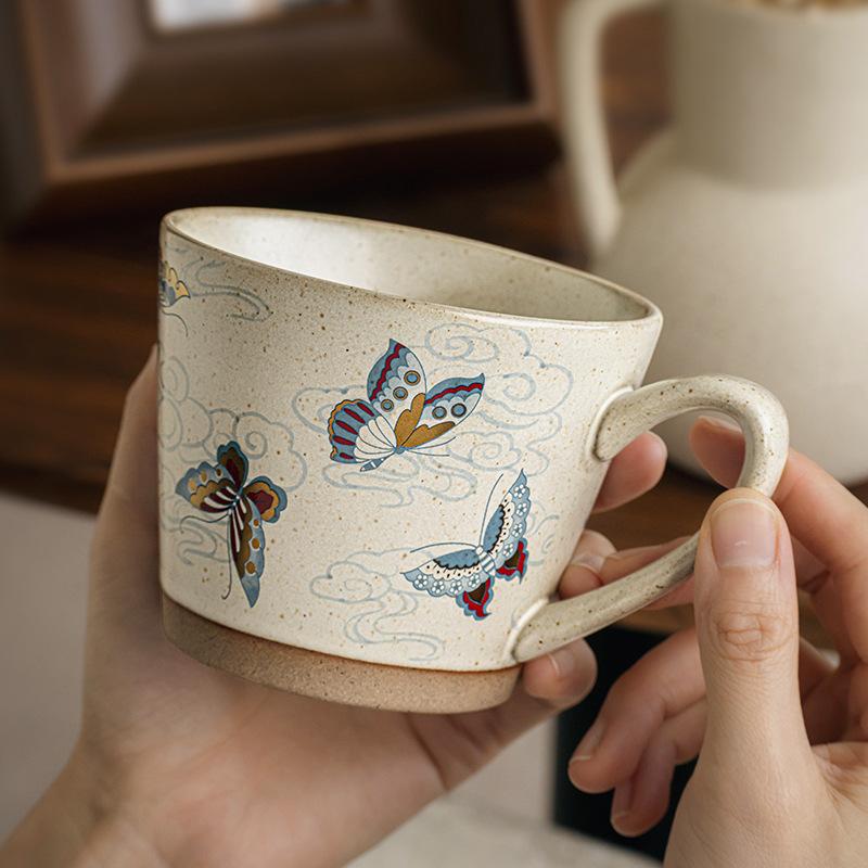 Colorful Butterfly High-End Mug Coarse Pottery Coffee Cup Creative Latte Cup Beautiful Cup Souvenir Export