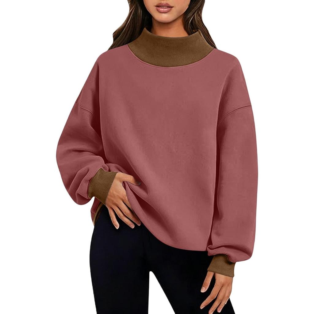 Women's Fashion Color Block Neck Long Sleeve Sweatshirt Casual Pullover Top