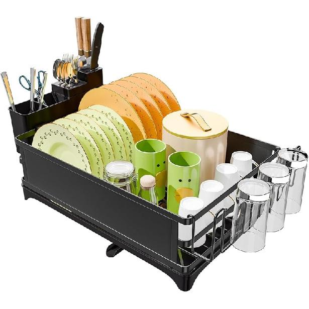 Simple Trending Small Dish Drying Rack Compact Expandable Dish Rack with Cutlery Holder Sink Dish Drainer for Kitchen Countertop Black 117 D x 165 W x 6 H 6740₽