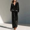 Black Velvet Striped Casual Suit, Lapel Zipper Jacket, High Waist Wide Leg Trousers Two-piece Set