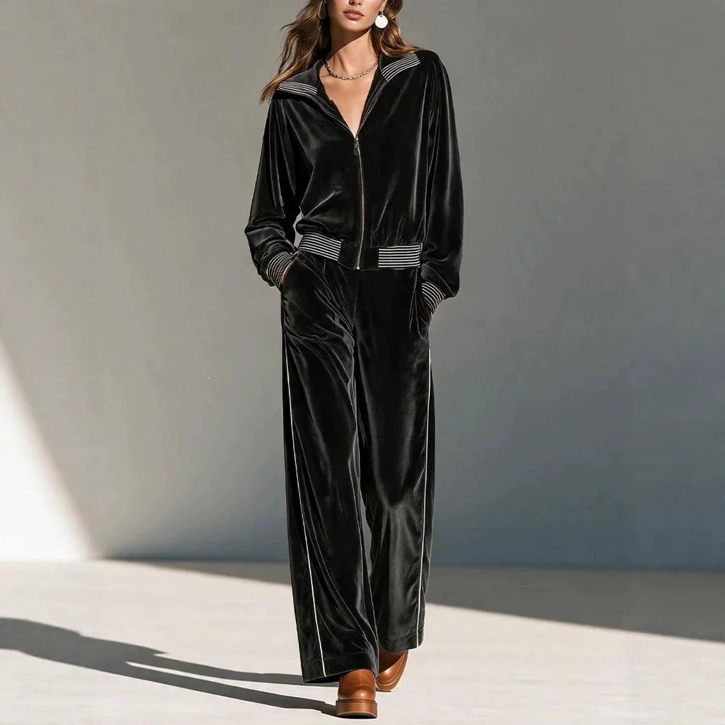 Black velvet striped casual suit, lapel zipper jacket, high waist wide leg trousers two-piece set