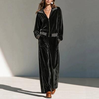 Black Velvet Striped Casual Suit, Lapel Zipper Jacket, High Waist Wide Leg Trousers Two-piece Set