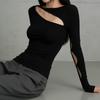 Summer New Style Hollow Design Long-sleeved T-shirt Simple Black Irregular Top for Women