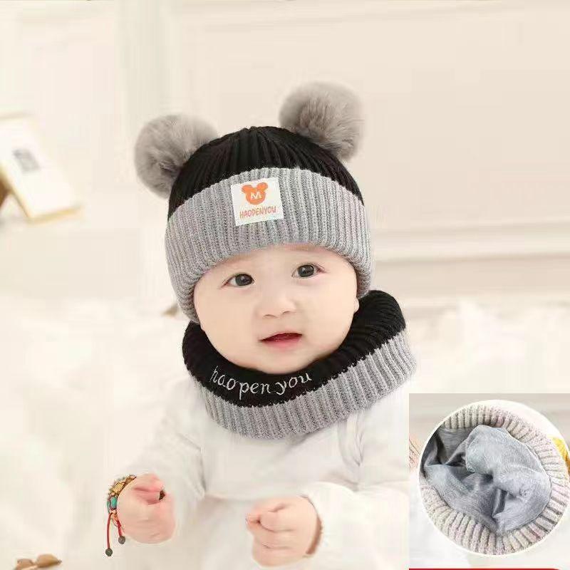 Baby Boy and Girl Baby Hat Autumn and Winter Cute Ball Velvet Thickened Windproof Ear Protection Children's Hat Scarf Knitted Hat
