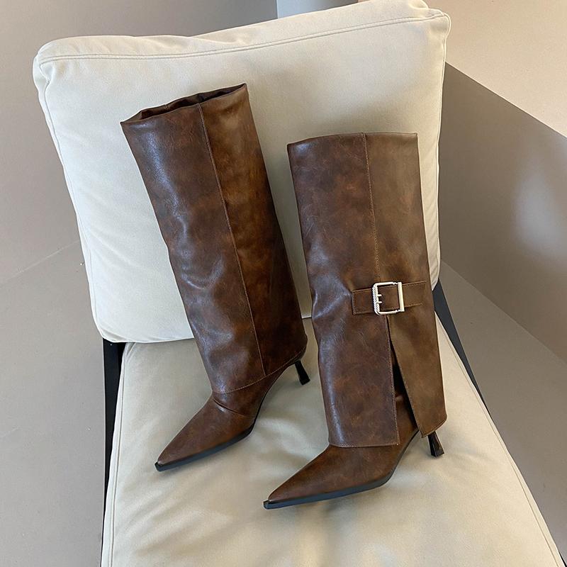 Fashion High Boots Seek The Limit. Look At Pointed Toe Sleeve Metal Buckle Non-slip and Wear-resistant Thin Heel Boots