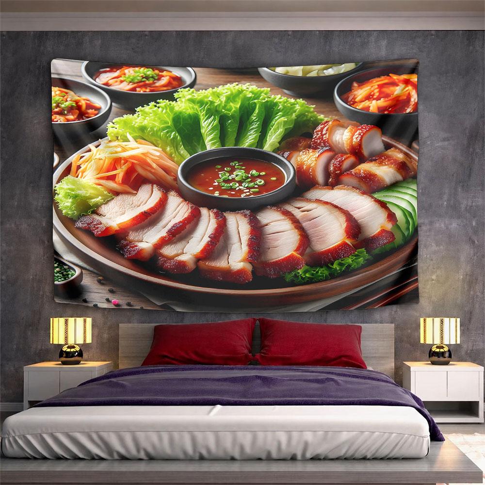 Asian BBQ Platter with Fresh Veggies Pattern Wall Hanging Tapestry Decorative Tapestry Home Decor for Bedroom and Living Room