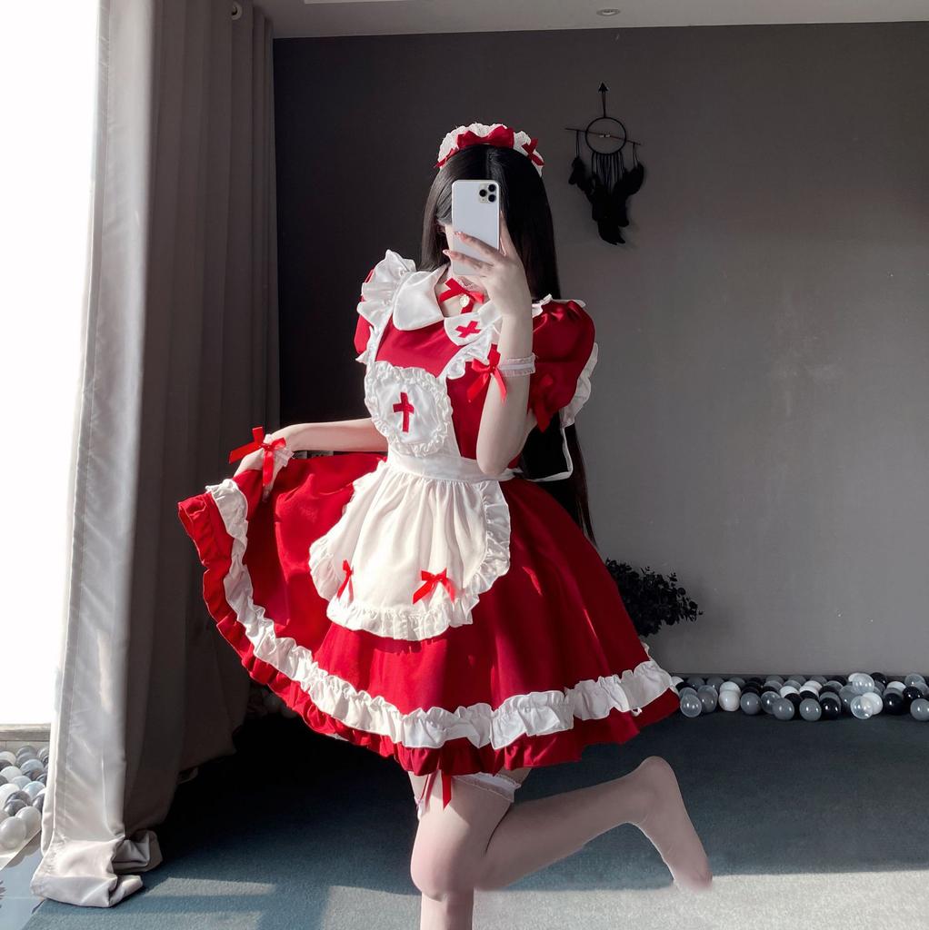 Kostým služky Cosplay Ženy Klasické Šaty služky s krátkým rukávem Oblečení Japonsko Sexy Lolita Zástěra Uniforma Halloween Oblečení zdravotní sestry