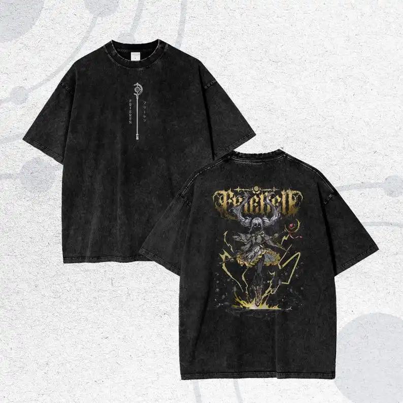 Frieren Anime Acid Washed Oversize T-shirt Fern Anime Unisex High Quality Oversized T-shirt High-end Luxury Couples High Quality
