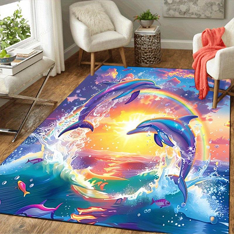 1pc Dolphins and rainbows Design Area Rug - Soft, Anti-Slip, and Durable Gaming Room Decor for Bedroom