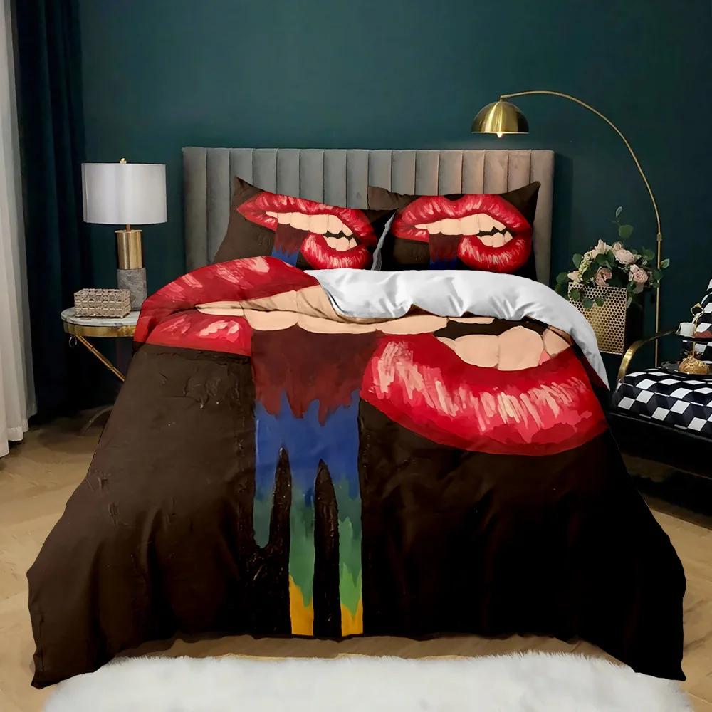 Lip Duvet Cover Set Golden Lip Bedding Set Sexy Adult Couple Twin Polyester Comforter Cover 3D Kiss Marks Double Queen King Size