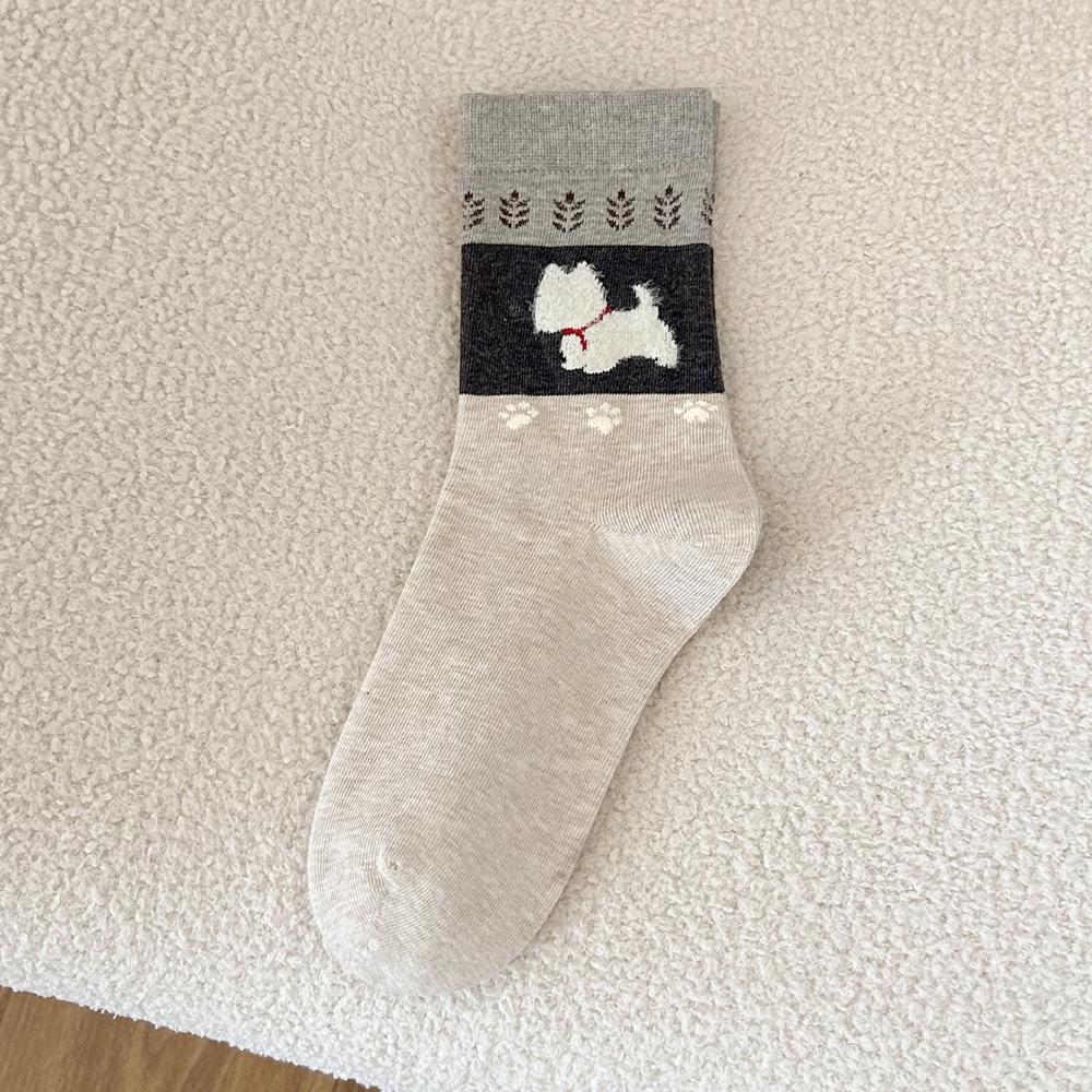 Retro Fair Island Puppy Socks, Women's Mid-calf Socks, Versatile for Spring and Autumn, Plush and Cute Pile Socks, Long Socks