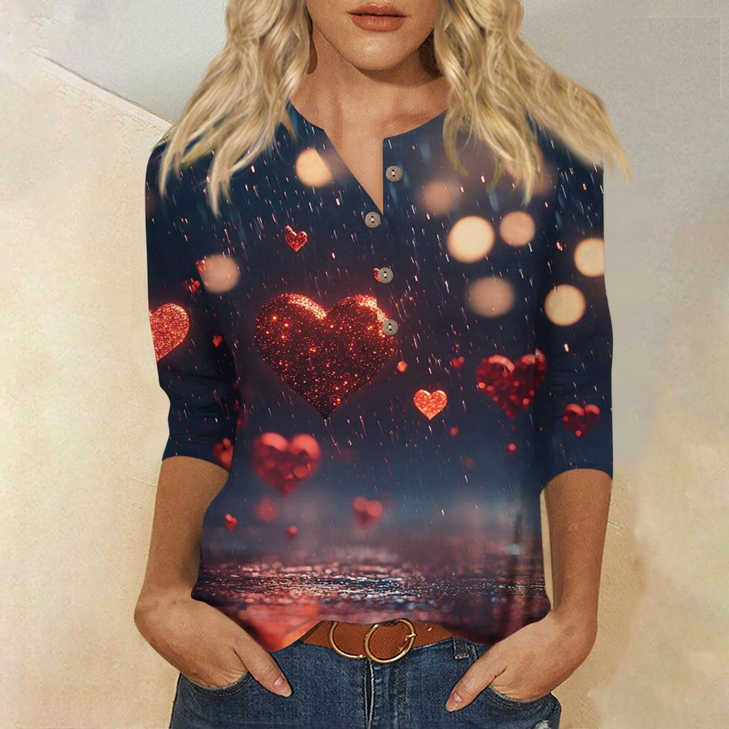 Damenmode Lässig Knopf 3/4 Ärmel Valentinstag Bedruckt Hals Oberteil