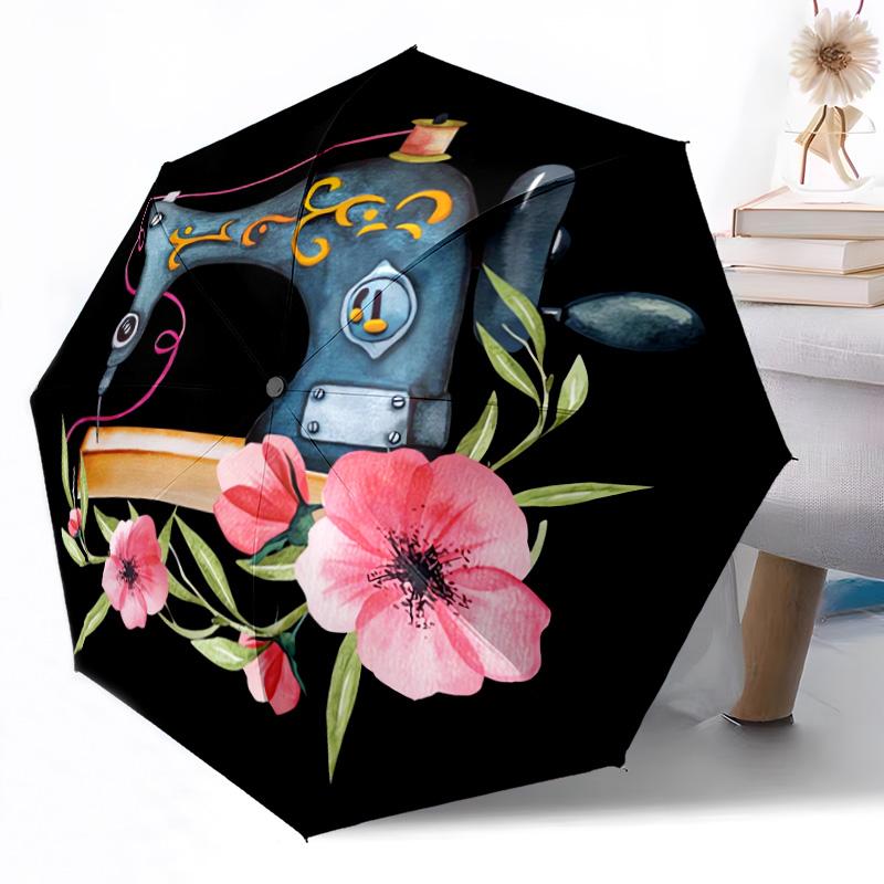 Vintage Sewing Machine Floral Art Automatic Umbrella Compact 8-Rib Design Lightweight All Season Travel Outdoor Accessory Perfect Gift for Women Men