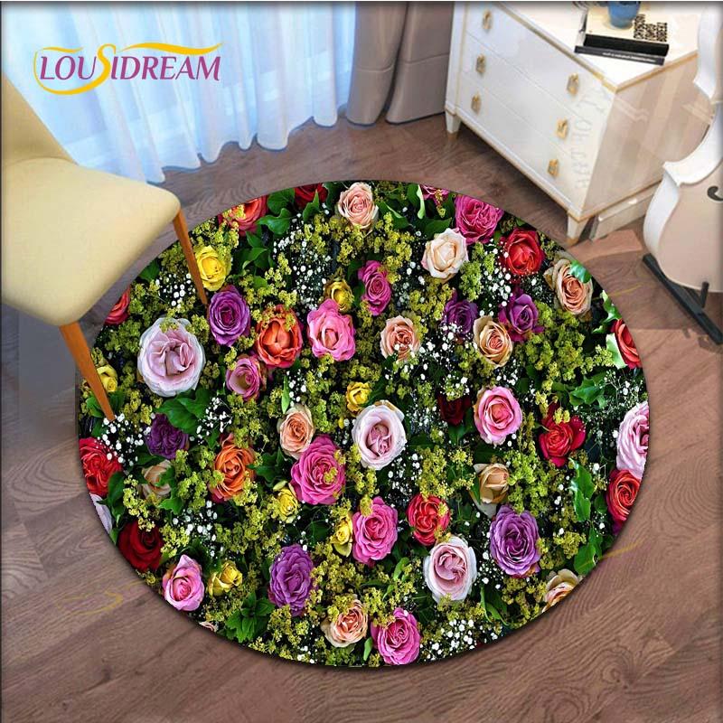 Rose Flower Waterproof and Non-slip Circle Cute Floor Rug Round Area Rugs Living Room Children Chair Tent Play Game Carpets