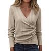 Women’s Long Sleeve V Neck Ribbed Knit Wrap Top Stretch Pullover Slim Fit Ruched Blouse Casual Basic Shirt