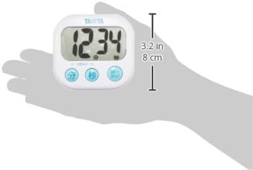 Tanita kitchen timer with a 100 Original logo Easy-to-read large, easy-to-use screen. minutes. TD-384 WH. packaging.