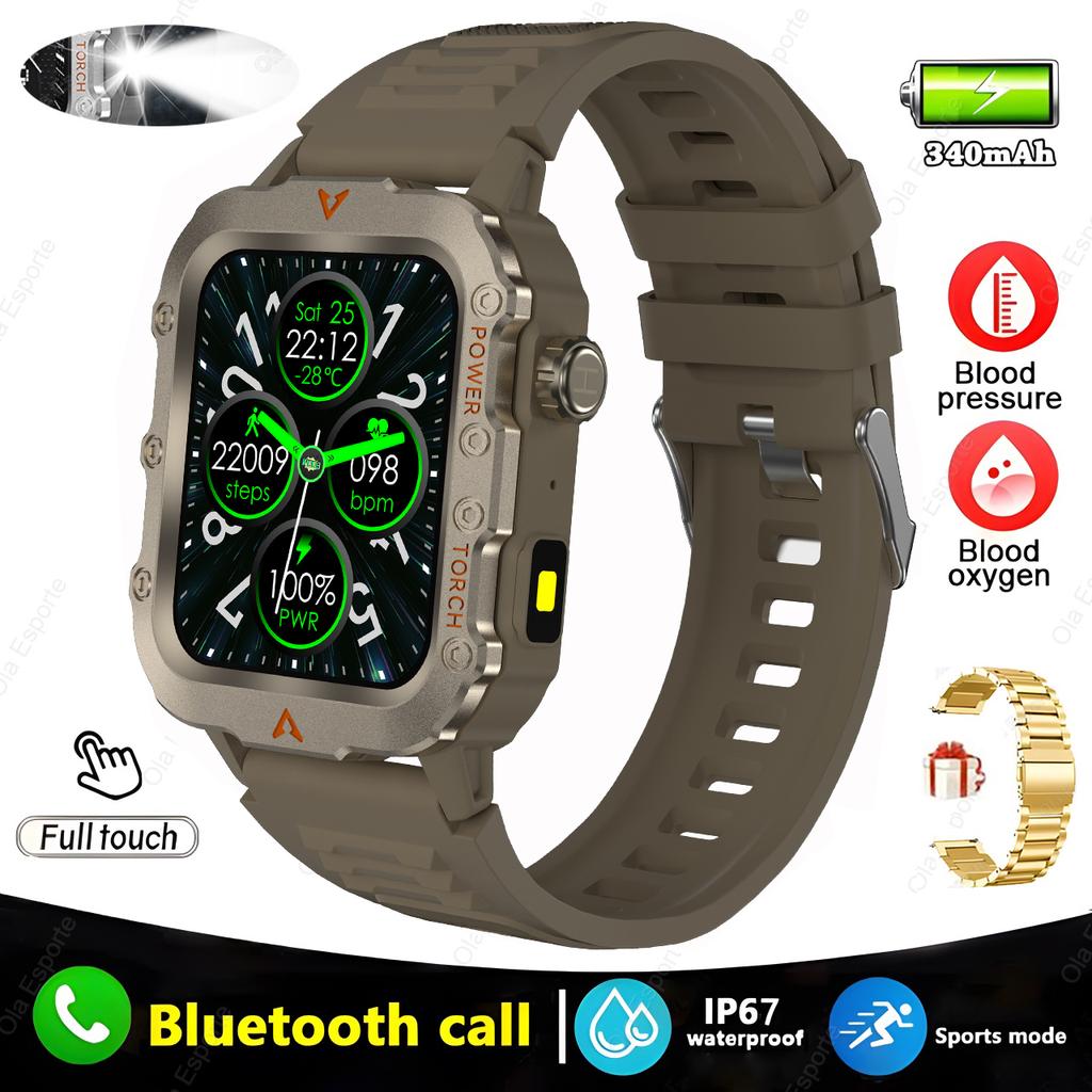 Outdoors Durable Men Sports Smart Watch Big Battery LED Flashlight IP69K Waterproof Bluetooth Call Military Smartwatch Hw12
