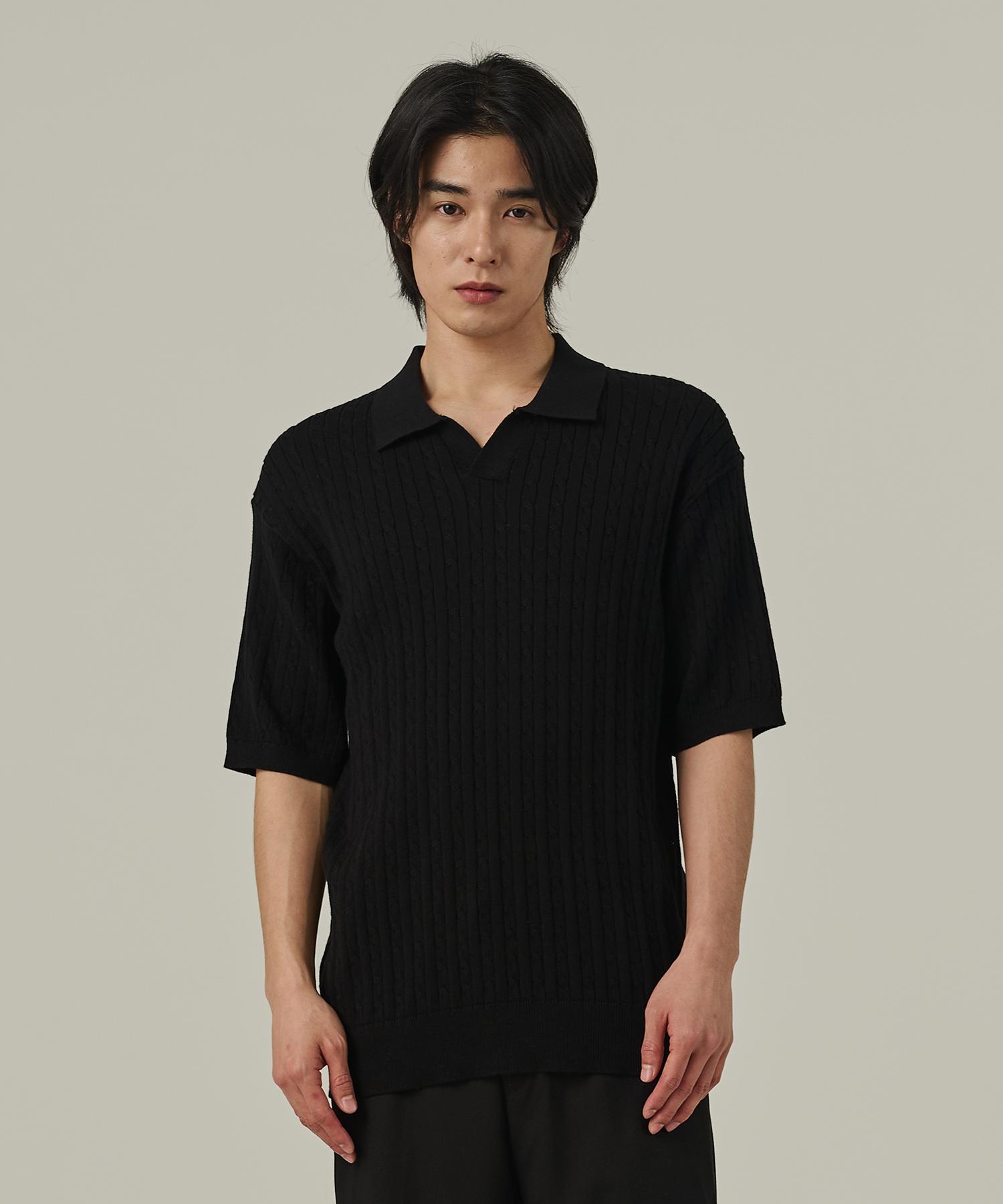 Analog Mood Cable Open Collar Short Sleeve Knit (Black) Free