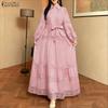 ZANZEA Women Casual Turn Down Collar Long Sleeve Elegant Lace Splice Long Dress