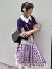 French Polka Dot Lace Patchwork Irregular Purple Midi Satin Skirt for Early Autumn