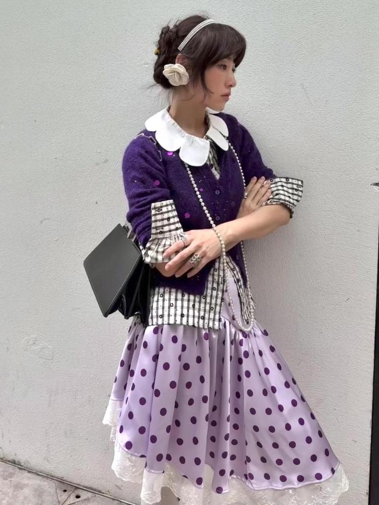 French Polka Dot Lace Patchwork Irregular Purple Midi Satin Skirt for Early Autumn
