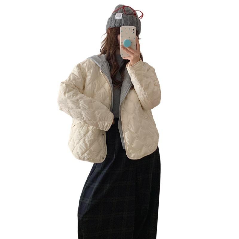 Autumn and winter new loose casual rhombus line jacket fake two-piece detachable splicing hooded cotton jacket