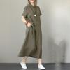Women's Polo Neck Short Sleeve Linen Maxi Dress Loose Casual Cotton Linen Shirt Dress