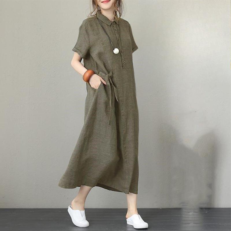 Women's Polo Neck Short Sleeve Linen Maxi Dress Loose Casual Cotton Linen Shirt Dress