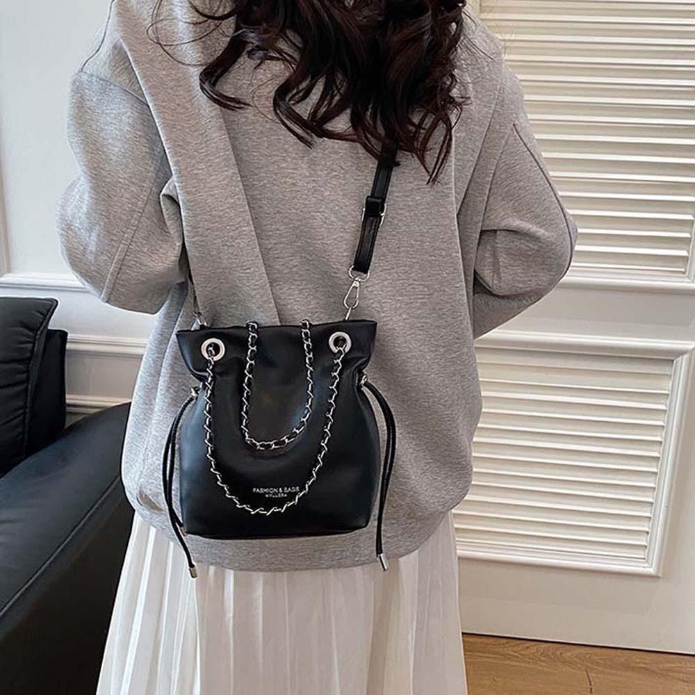 Phone Pouch Bucket Drawstring Bag Large Capacity Solid Color Leather Chain Handbag Polyester Anti-splash Water