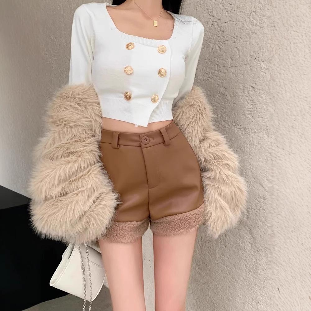

2024 Women s High-Waist Lambswool & Leather Spliced Shorts - Autumn/Winter Trend 3XL [148-158 lbs]
