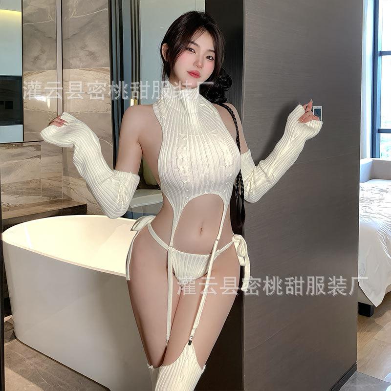 Sex underwear pure desire neck two-dimensional knitted halter sweater uniform sexy one-piece pajama set