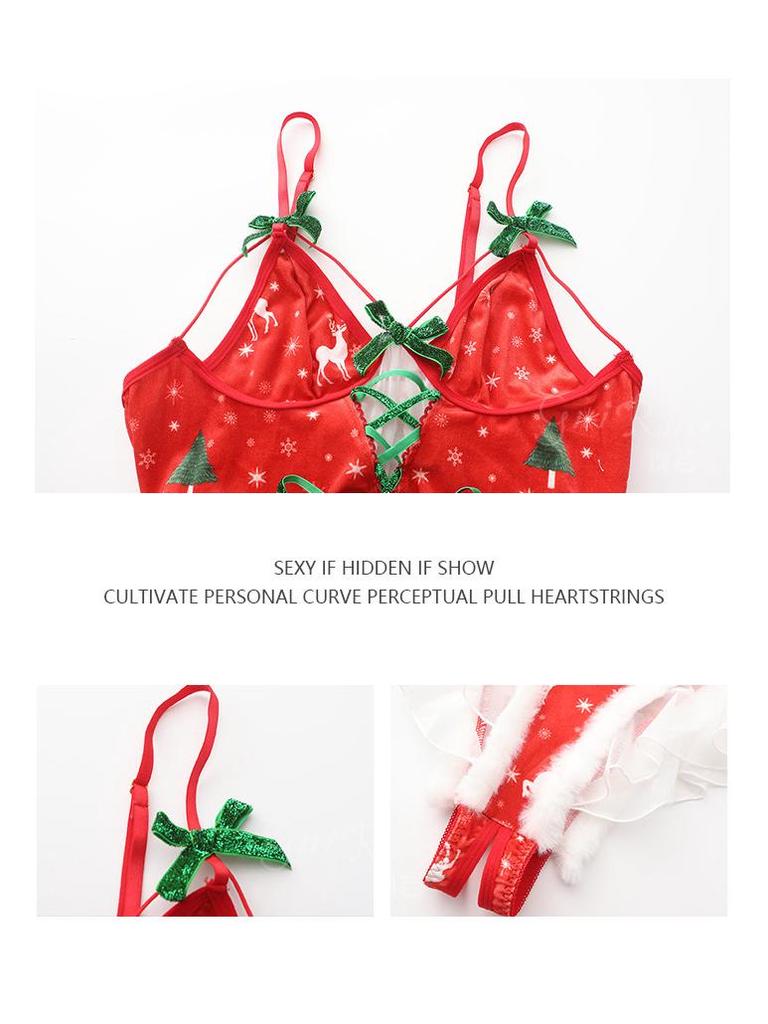Velvet Bow Christmas Lingerie Bodysuit Set with Deep V Neck