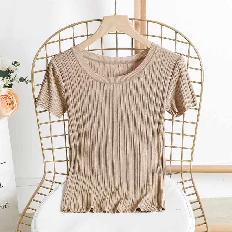Camiseta de verano para mujer, Jersey de punto de manga corta, Camiseta de punto, Top ajustado con cuello redondo