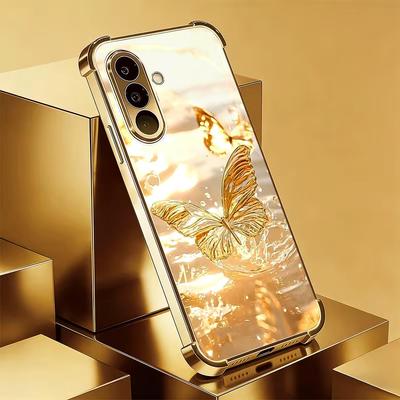 Goldene Schmetterling beschichtete Glas Handyhülle geeignet für Samsung Galaxy S26 S25 S24 S23 S22 S20 FE/Ultra/Plus sturzsichere Rückabdeckung